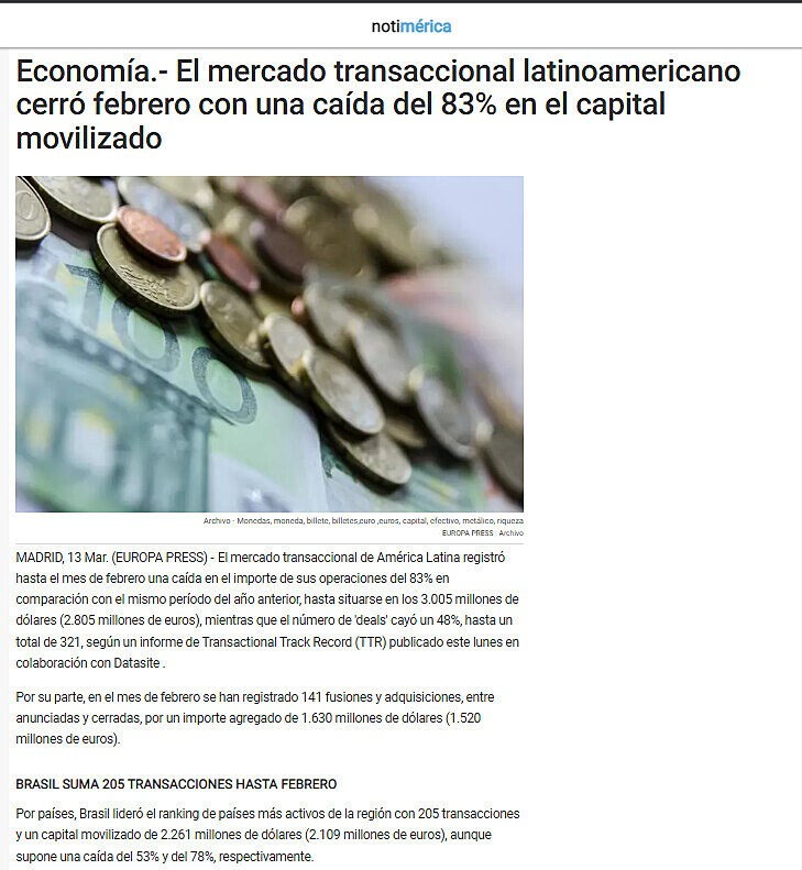 Economa.- El mercado transaccional latinoamericano cerr febrero con una cada del 83% en el capital movilizado